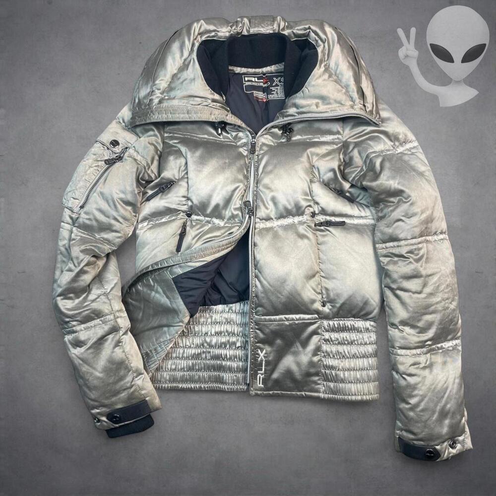 Ralph Lauren RLX Goose Down Puffer Jacket Women's XS Silver Metallic Vintage